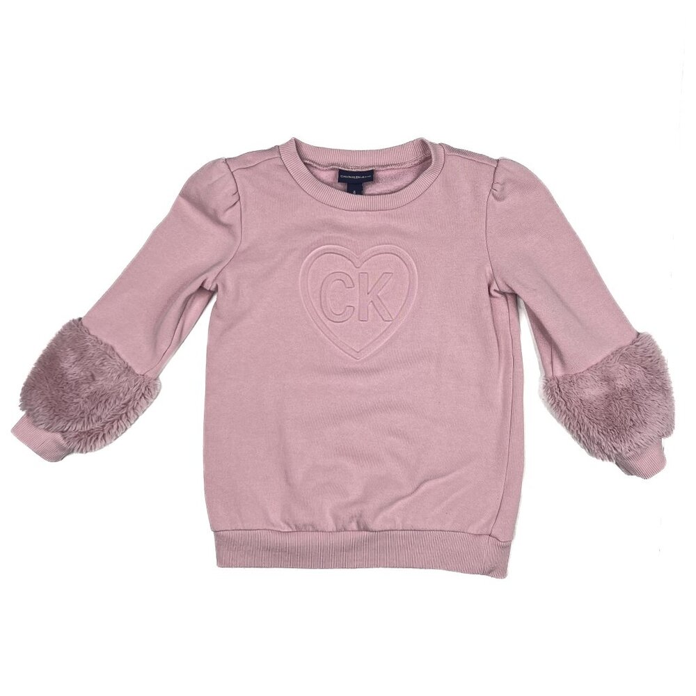 Calvin Klein Jeans Petal Pastel Pink‎ Heart Logo Sweatshirt Faux Fur Sz 6 - NWOT